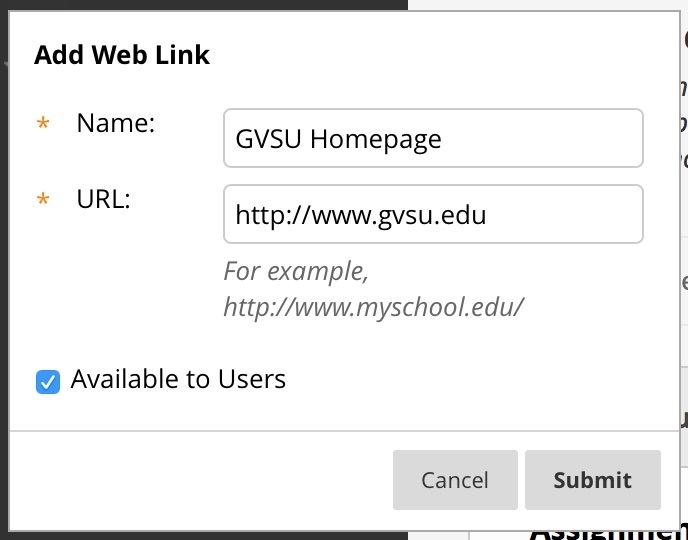 fill out a name and URL then check available to users and select submit
